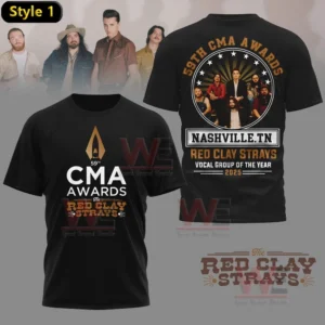 Alt text: Black shirt with CMA Awards logo on the front and Red Clay Strays group photo on the back for 2025.