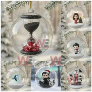 Clear Christmas ornaments with mystical winter scenes including characters hourglass ring and tower with ravens.