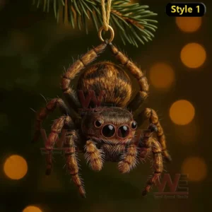 Fuzzy spider ornament hanging from pine branch with warm lights behind it.