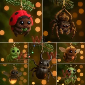 Assorted cute bug ornaments hanging from pine branches with warm festive lights.