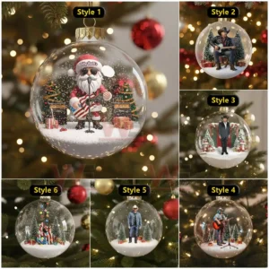 A set of Christmas ornaments showcasing various Toby Keith inspired figures and holiday backgrounds each placed inside transparent globes with snowlike details!