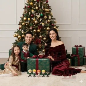 A family sits in front of a Christmas tree with small character figures placed on the rug and gifts surrounding them!