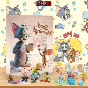 Advent calendar style one featuring Tom and Jerry in a friendly morning scene with character figurines.