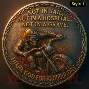 Bronze biker coin showing skeleton on motorcycle with engraved motivational quote and chain border!