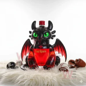 A black dragon decanter with green eyes and red wings holding red liquid set on a white fur rug with sports items nearby!