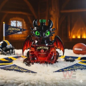 A black dragon decanter with green eyes and red wings holding red liquid resting on a white rug in a warmly lit sports themed room!