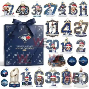 A Toronto Blue Jays 2025 advent calendar with themed ornaments and player figures dressed in Santa hats and winter designs.