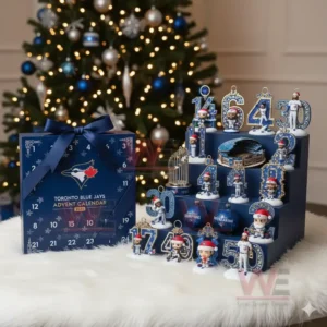 A Toronto Blue Jays themed advent calendar with baseball ornaments and mini figures displayed near a Christmas tree.