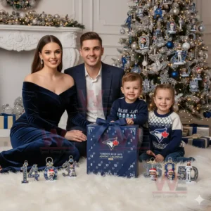 A family posing with a Toronto Blue Jays 2025 advent calendar and themed ornaments beside a Christmas tree.