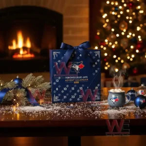 A Toronto Blue Jays 2025 advent calendar with festive ornaments and a mug of cocoa placed on a snowy decorated table near a fireplace.