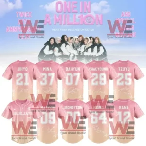 A TWICE 10th anniversary promotional image featuring the group in matching varsity jackets above a display of nine pink jerseys labeled with each member’s name and number against a sky backdrop!