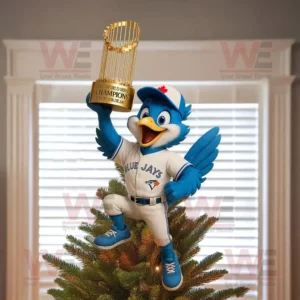Blue Jays mascot tree topper holding 2025 World Series trophy on Christmas tree.