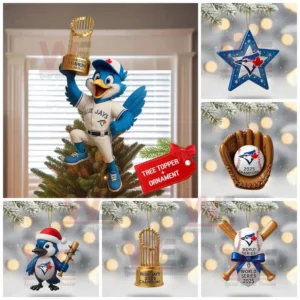 Toronto Blue Jays Christmas ornaments featuring mascot and 2025 World Series designs.