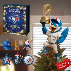 Toronto Blue Jays 2025 World Series Champions Christmas set with ornaments and tree topper.
