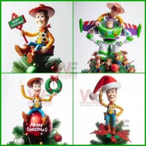 Woody on Buzz Lightyear flying together at the top of a Christmas tree surrounded by toys and decorations.