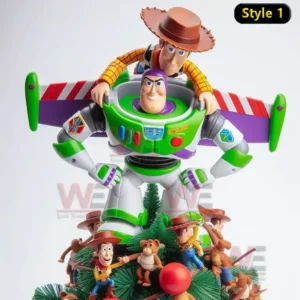 Woody wearing a Santa hat standing on top of a Christmas tree with festive decorations.
