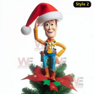 Woody sitting on a red Christmas ornament holding a green wreath with a red bow surrounded by tree decorations.
