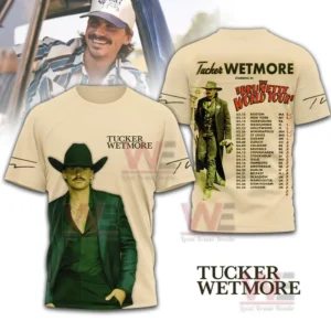 Cream tour shirt with Tucker Wetmore portrait on the front and full brunette world tour schedule on the back.