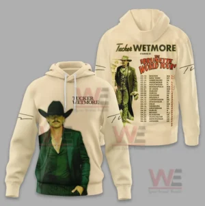 Cream hoodie with Tucker Wetmore portrait on front and brunette world tour dates on back.