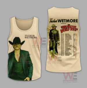 Cream tank top with Tucker Wetmore portrait on front and tour dates on back.