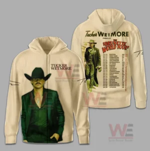 Cream zip hoodie with Tucker Wetmore portrait on front and tour schedule on back.