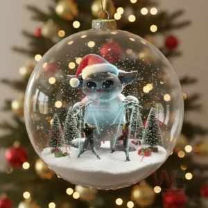 Clear ornament with a large Santa hat creature controlling two figures in a snowy scene.
