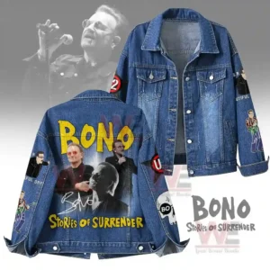 A denim jacket decorated with printed portraits text and themed artwork related to a musician.