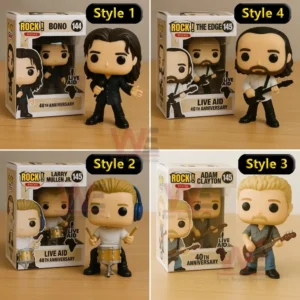 Stylized figures of four band members each displayed with a matching box on a wooden surface.