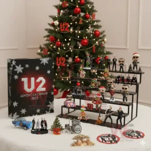U2 advent calendar with multiple small collectible figures displayed in front of a decorated Christmas tree.
