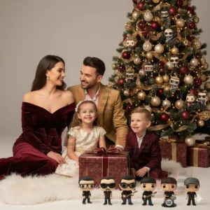 A family sitting before a decorated Christmas tree with stylized U2 figures on the floor and in the tree.