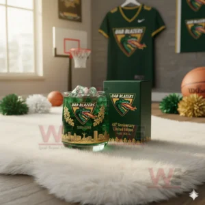 UAB Blazers anniversary glass with ice on a white rug in a sports decorated room!