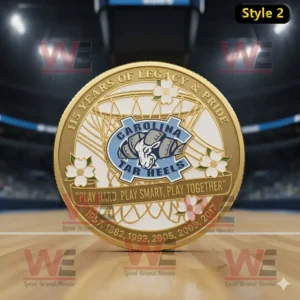North Carolina Tar Heels 115th Anniversary Commemorative Coin 3 Carolina Tar Heels 115th anniversary coin with ram logo, basketball net design, floral accents, and engraved championship years.