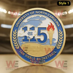 UNC Tar Heels 115th anniversary coin with state map, torch, Dean Smith Center, and laurel border.