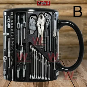 A black mug with silver mechanic tools printed in a detailed layout!