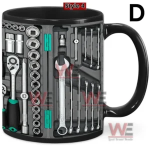 A black mug with silver and teal mechanic tools printed in an organized design!