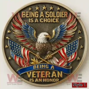 A patriotic coin with a bald eagle holding American flags and inscriptions honoring soldiers and veterans.