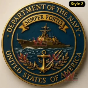 Navy commemorative coin with warship anchor and wreath.