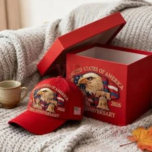 A red anniversary cap with patriotic symbols sits beside an open red gift box on a textured blanket.