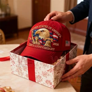 A red anniversary cap is lifted from a floral patterned gift box with a red ribbon.