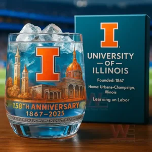 University of Illinois 158th anniversary whiskey glass with campus design and box showing university details.