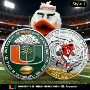 Silver University of Miami Hurricanes 100th anniversary coin featuring team logo and mascot design.