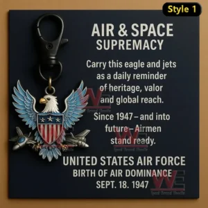 Colorful eagle and jets keychain on dark display card.