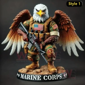 Bald eagle figure in Marine Corps uniform with rifle and wings spread standing on a Marine Corps base display!