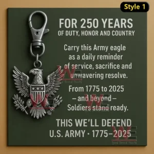 Silver Army eagle keychain on dark green commemorative card.