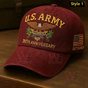 Red US Army cap with eagle emblem rifles laurel branches and anniversary text.