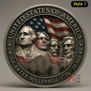 United States 250th anniversary coin with Mount Rushmore and American flag design.