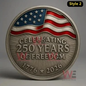 American 250 Years of Freedom coin with engraved flag and bold celebration text.
