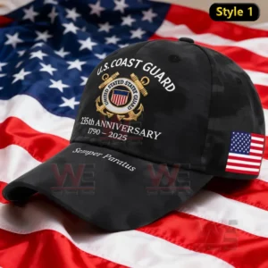 A commemorative black cap for the U.S. Coast Guard's 235th anniversary with the emblem, text "235th ANNIVERSARY 1790-2025," and the phrase "Semper Paratus."