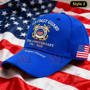 A commemorative blue cap for the U.S. Coast Guard's 235th anniversary with the emblem, 