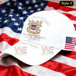 A commemorative white cap for the U.S. Coast Guard's 235th anniversary, featuring the emblem, 